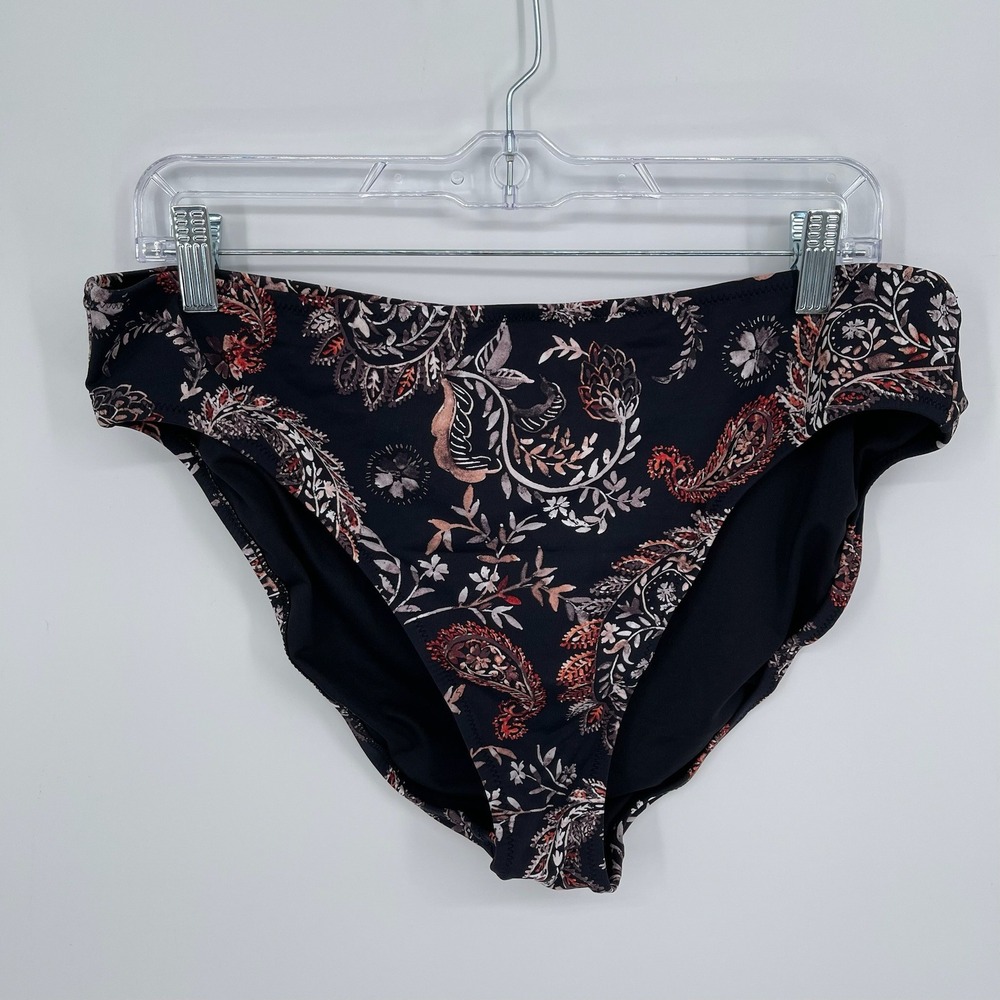 Garnet Hill Women's Black Paisley Floral Stretch Swim Bikini Bottom Size 14